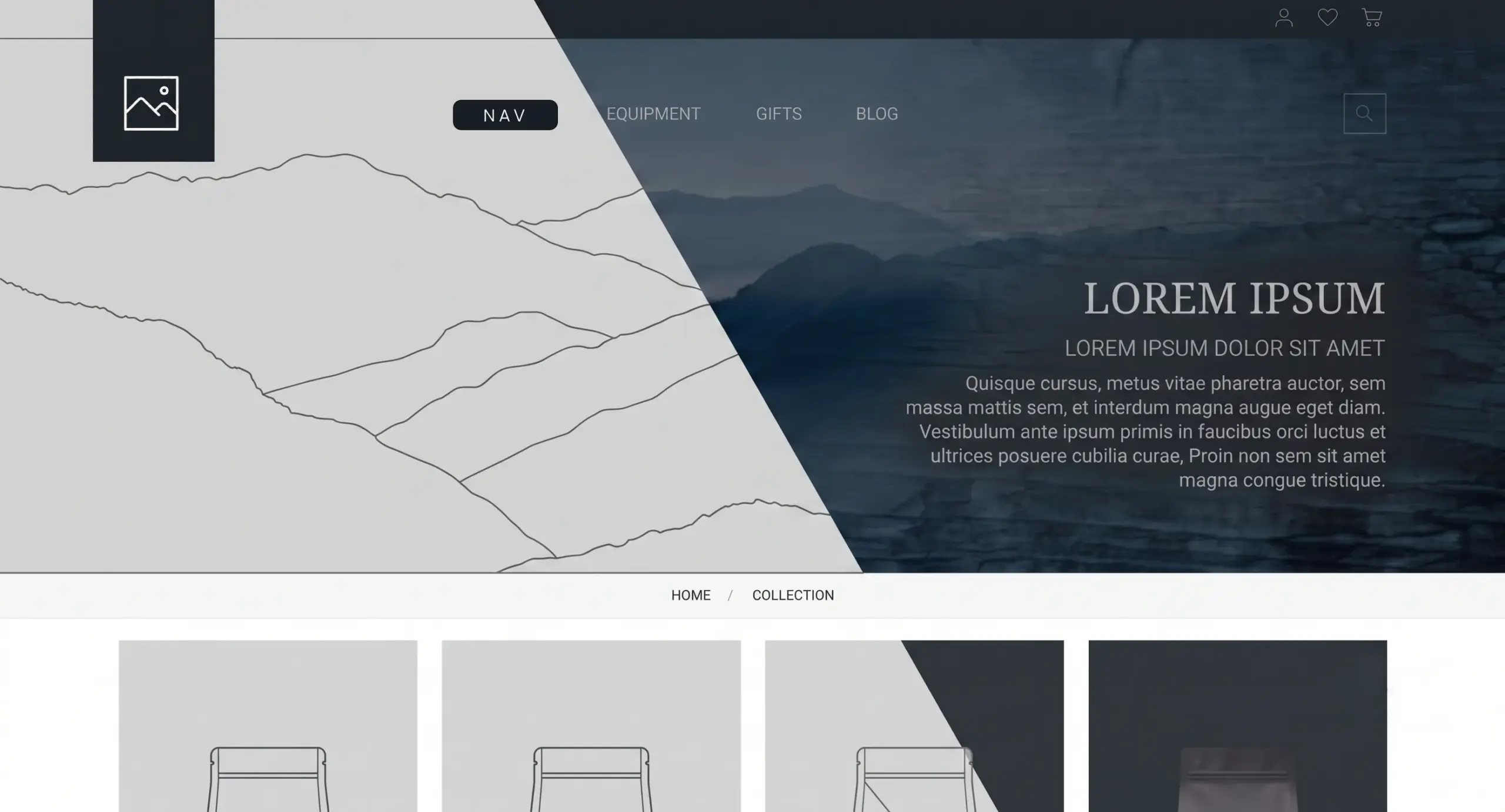 Hero_Website-Transition A website hero banner split diagonally between a line-art mountain graphic and a dark, moody photo of a mountain range with placeholder Latin text.