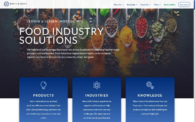 Reference JJSEA Corporate website design for Jebsen & Jessen Ingredients, featuring a professional B2B industrial solutions layout.