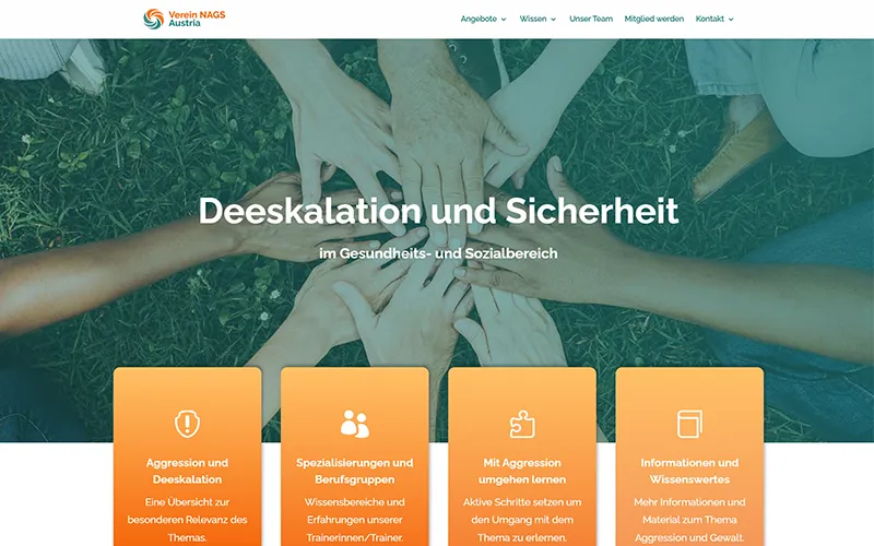 Reference Nags.at Homepage design mockup for an Austrian healthcare de-escalation and safety training website.